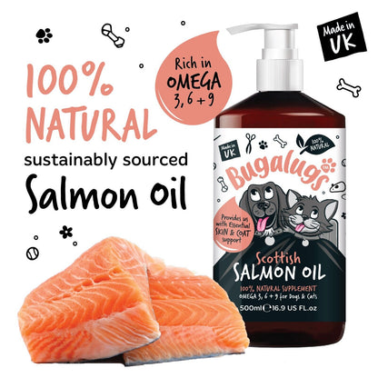 Bugalugs Dog Salmon Oil 100% Pure Dogs, Cats & Pets 500Ml, Healthy Skin & Coat