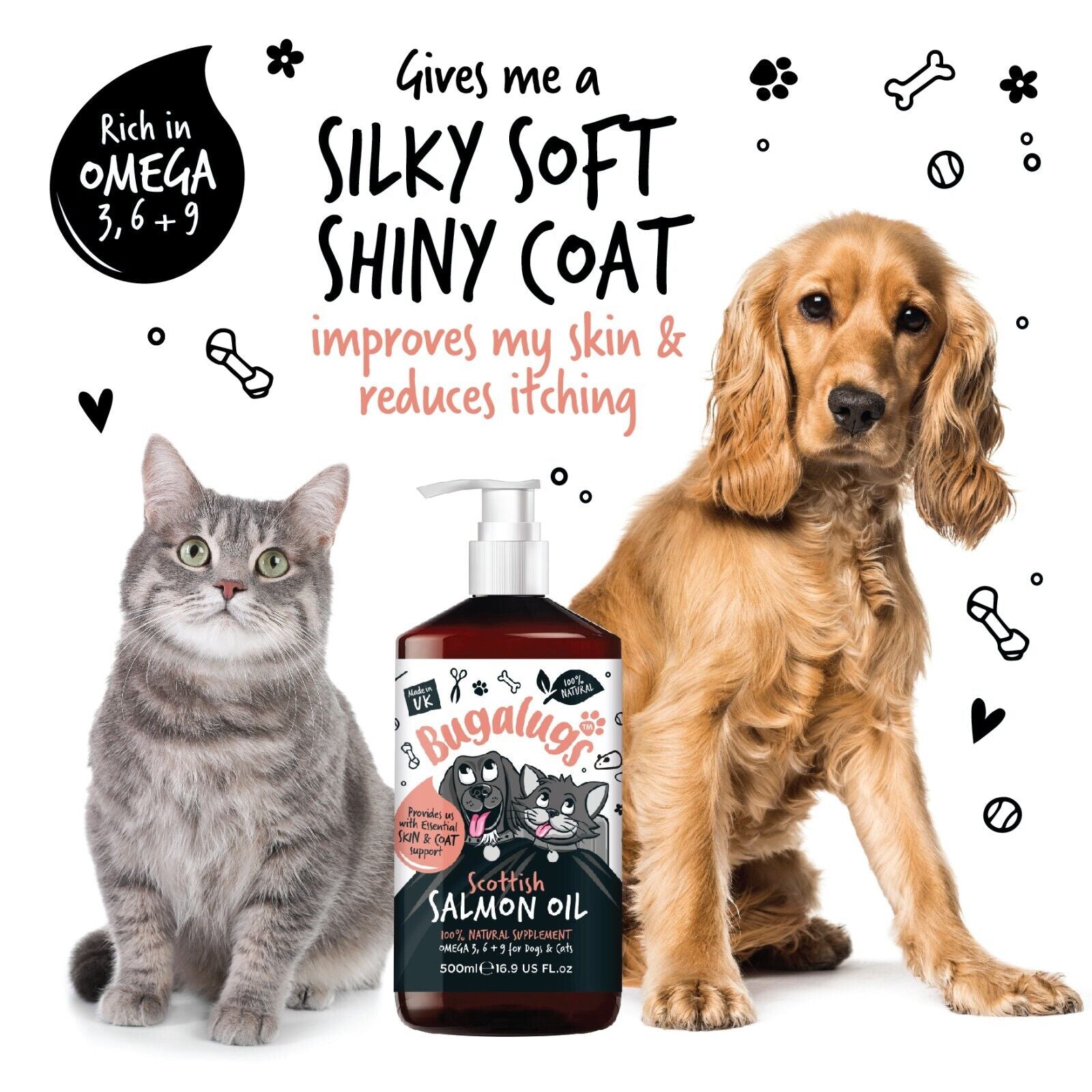 Bugalugs Dog Salmon Oil 100% Pure Dogs, Cats & Pets 500Ml, Healthy Skin & Coat