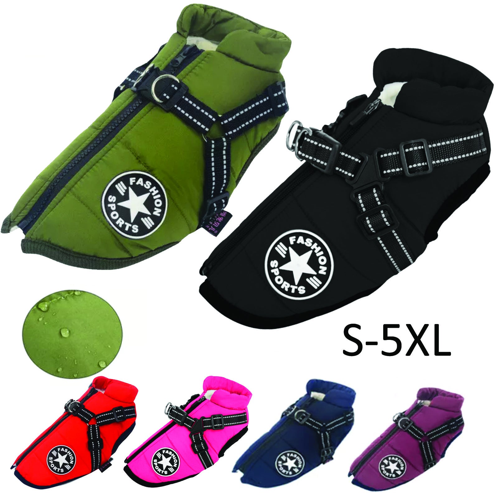 Dog Coat Waterproof with Harness Jacket Raincoat Winter Zip Coats Pet Hole Warm