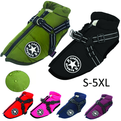Dog Coat Waterproof with Harness Jacket Raincoat Winter Zip Coats Pet Hole Warm